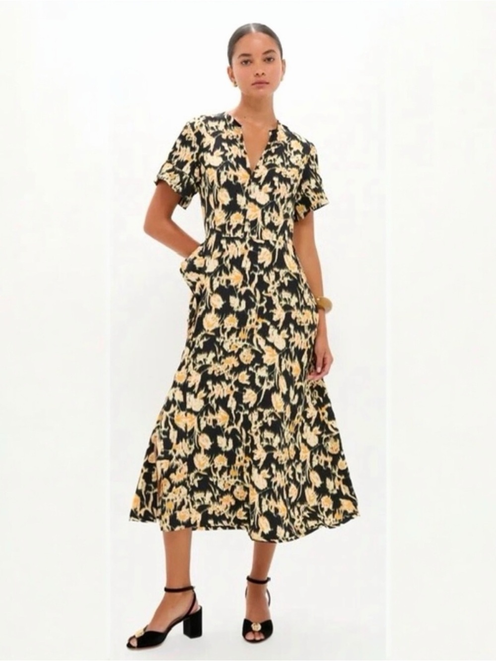 ULLA JOHNSON Nadya V Neck Floral Print Short Sleeve Midi Cocktail Dress NEW
